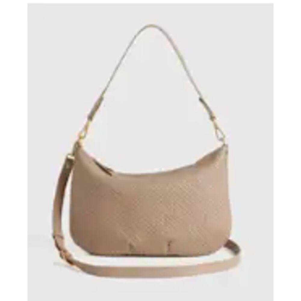 Quince NEW Italian Leather Convertible Crescent Handwoven Shoulder Bag, Taupe